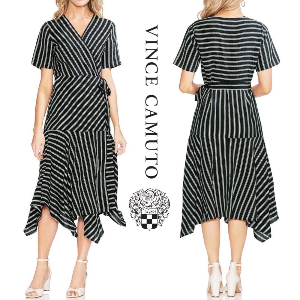 Vince Camuto Short Sleeve Handkerchief  Wrap Dress, Black/White Stripes Sz 4 NWT